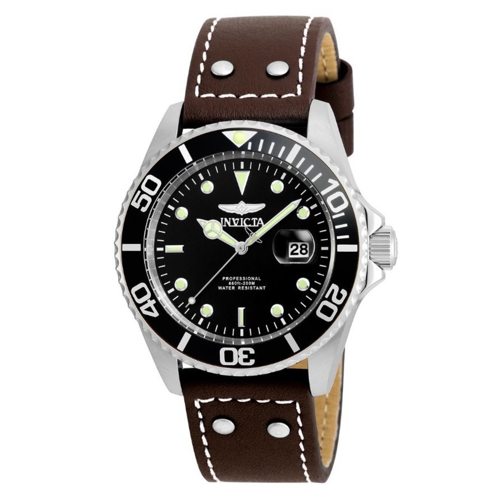 Invicta Pro Diver 43mm Black Dial Leather Band Quartz Watch